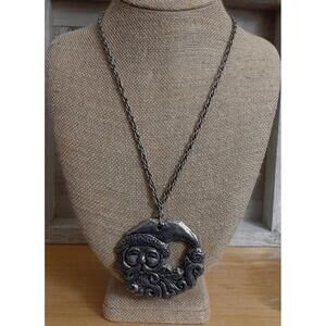 Vintage Large Pewter Santa Pendant & Long Necklace